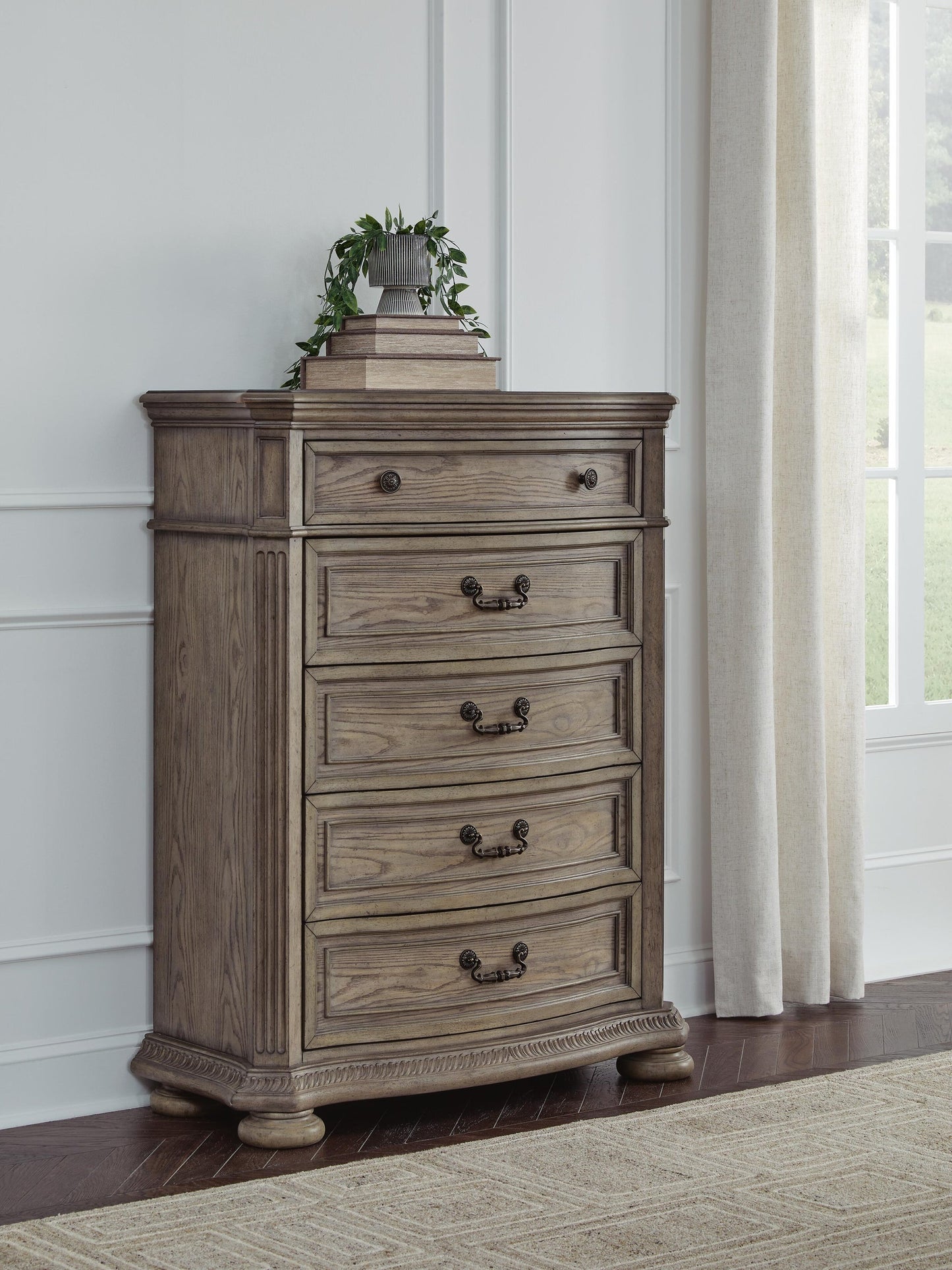Ardenfield California  Upholstered Sleigh Bed, Dresser, Mirror, Chest And Nightstand