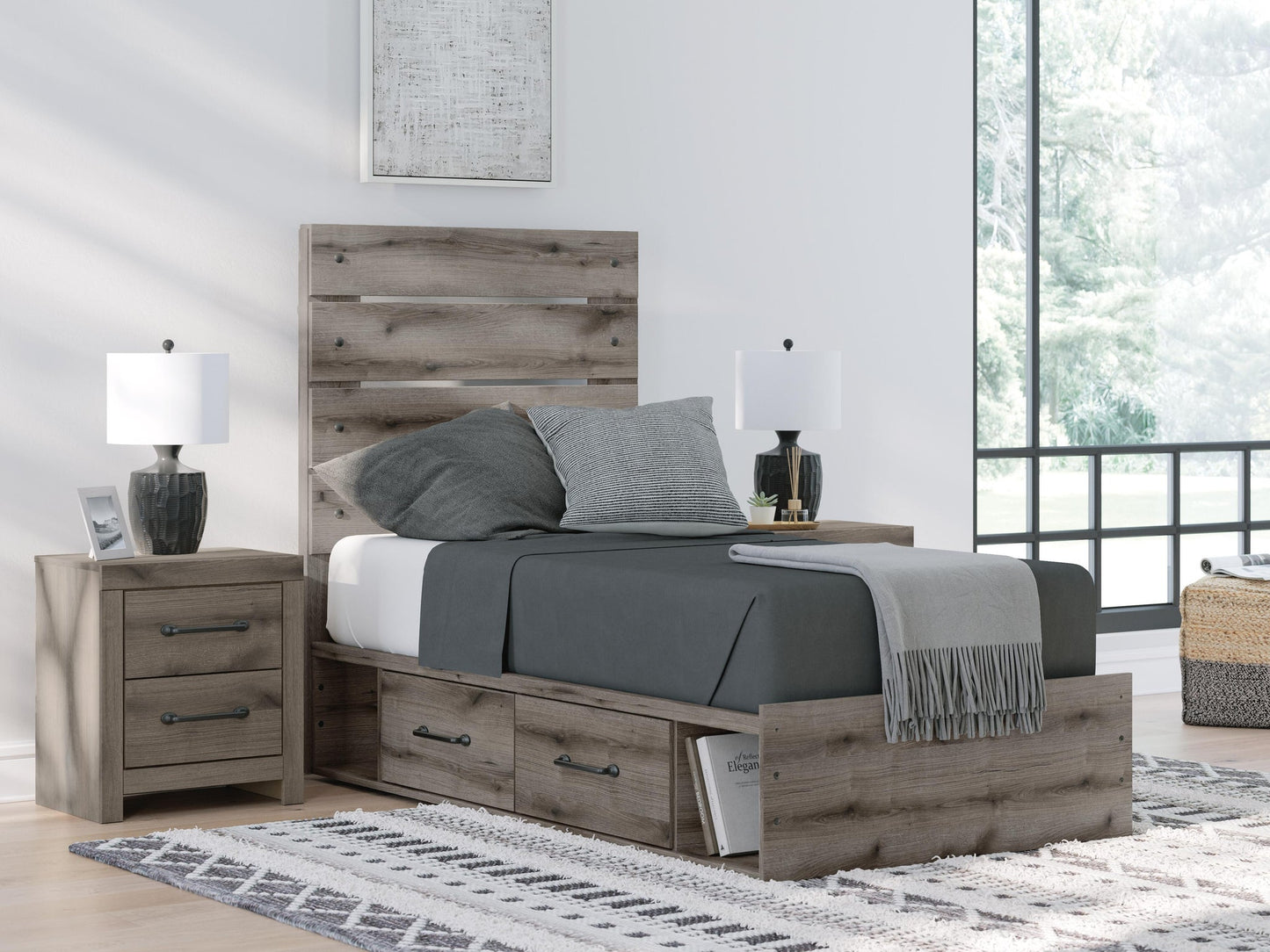 Graystorm  Panel Bed With Storage, Dresser And Mirror