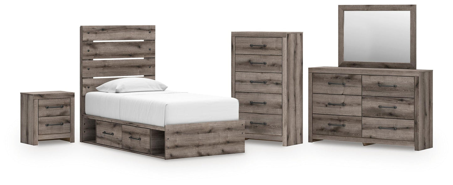 Graystorm  Panel Bed With Storage, Dresser, Mirror, Chest And Nightstand