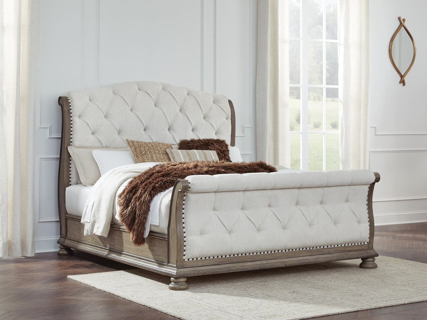 Ardenfield California  Upholstered Sleigh Bed, Dresser And Mirror