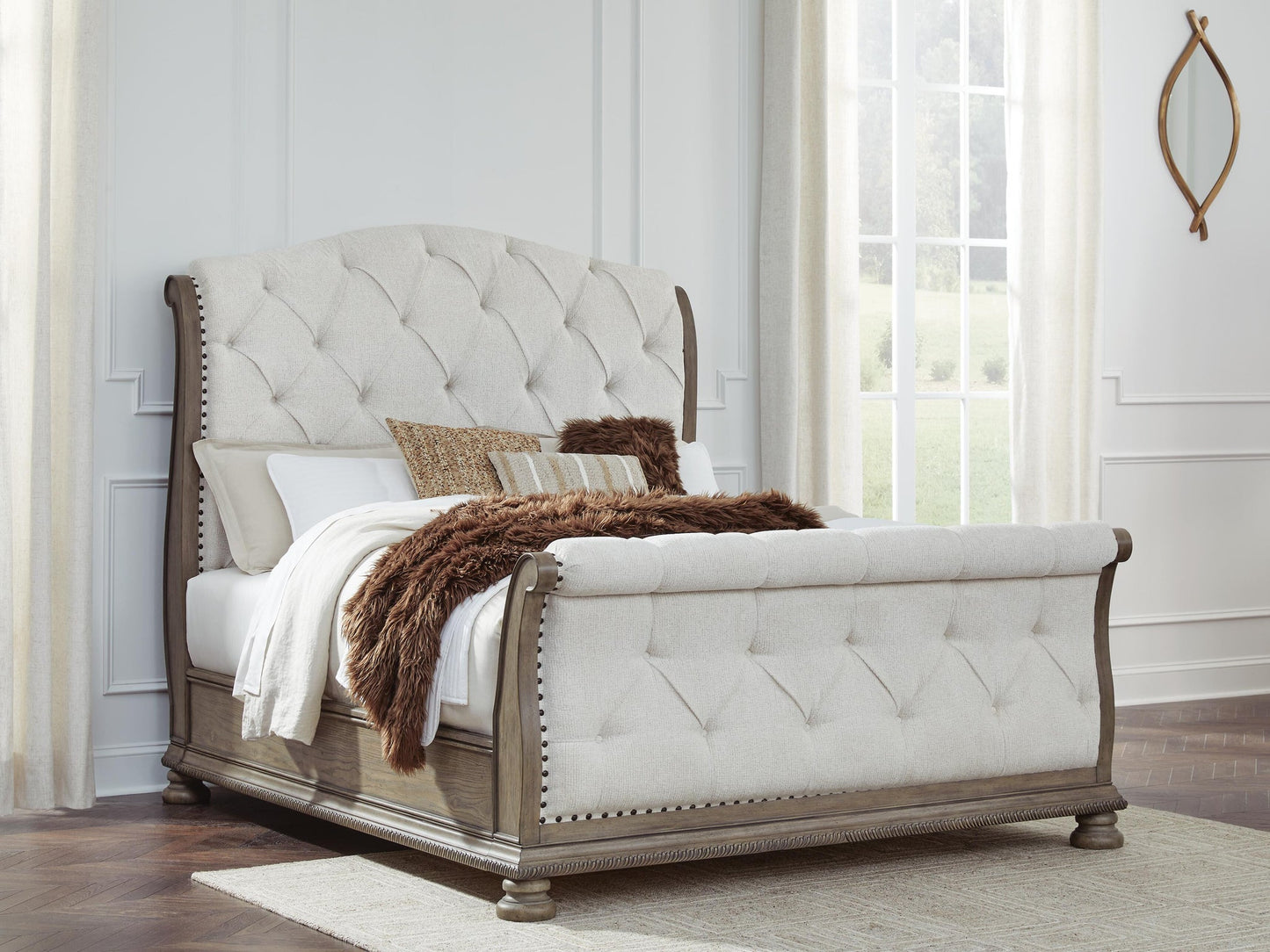 Ardenfield  Upholstered Sleigh Bed, Dresser, Mirror, Chest And Nightstand