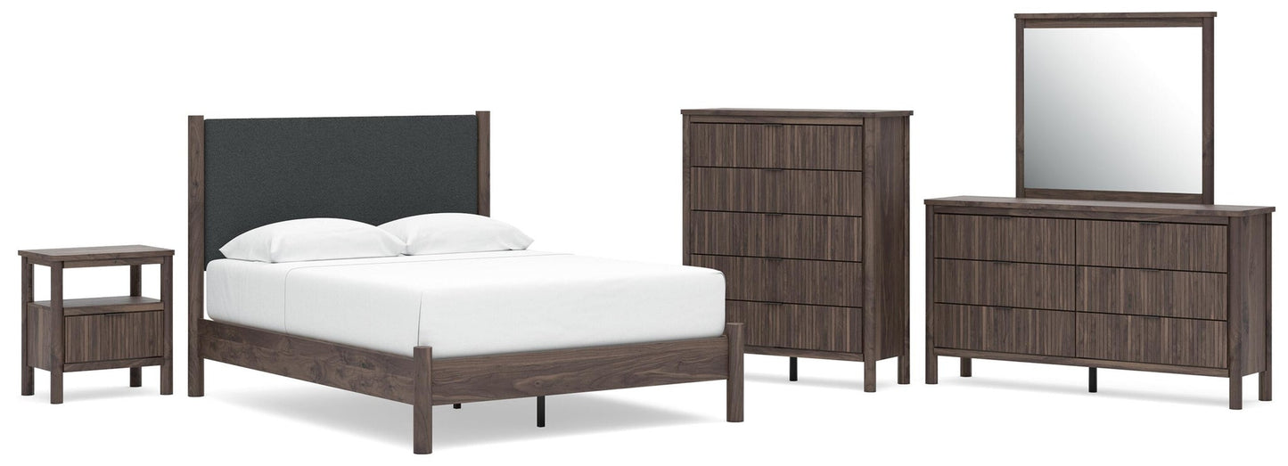 Pamytta  Upholstered Panel Platform Bed, Dresser, Mirror, Chest And Nightstand