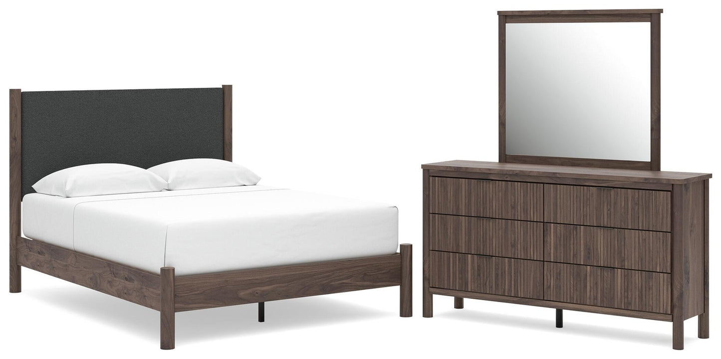 Pamytta  Upholstered Panel Platform Bed, Dresser And Mirror