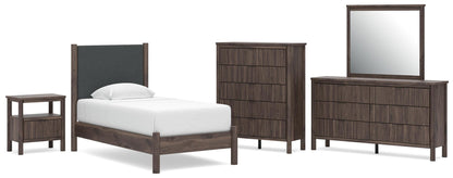 Pamytta  Upholstered Panel Platform Bed, Dresser, Mirror, Chest And Nightstand