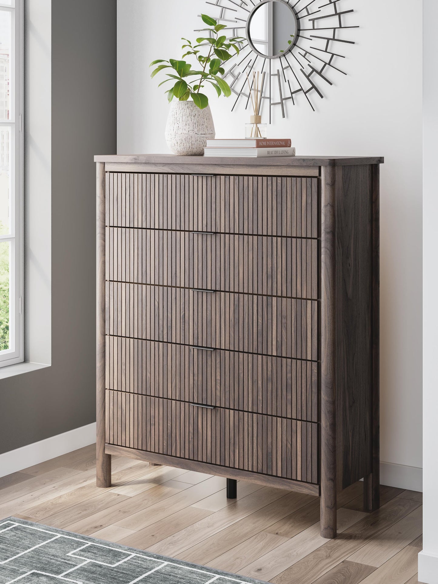 Pamytta  Upholstered Panel Bed, Dresser, Mirror, Chest And Nightstand