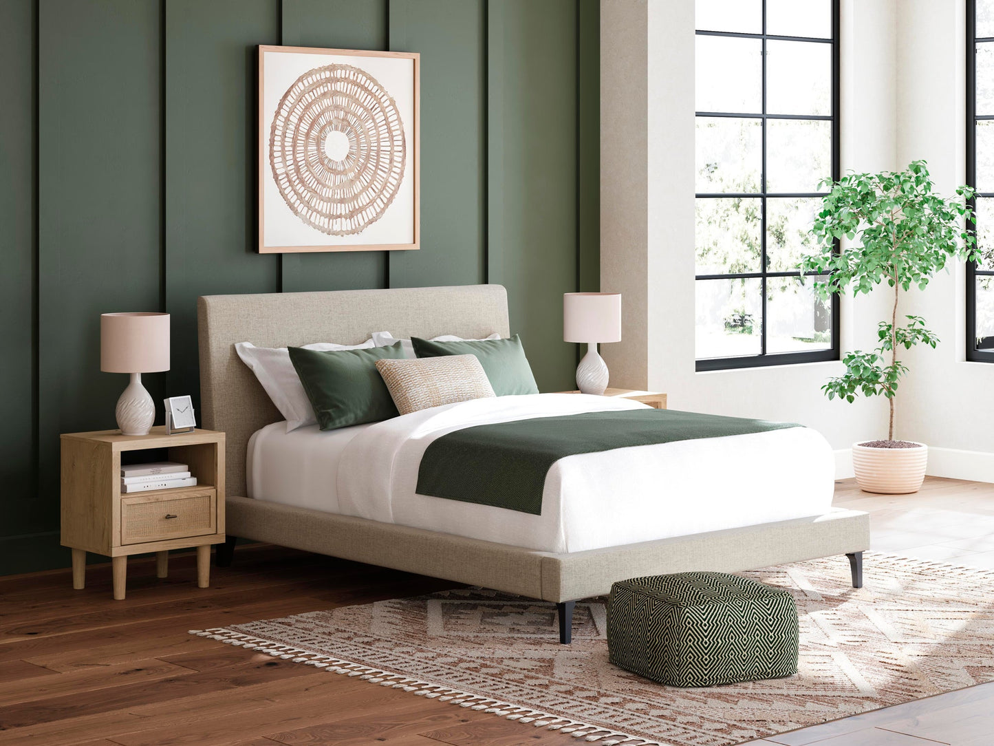 Cielden  Upholstered Bed With Roll Slats, Dresser, Mirror And Nightstand