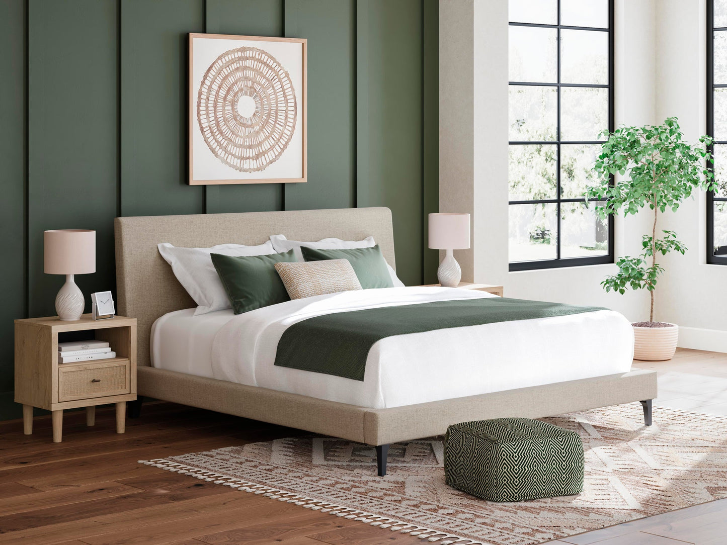 Cielden California  Upholstered Bed With Roll Slats, Dresser And Mirror