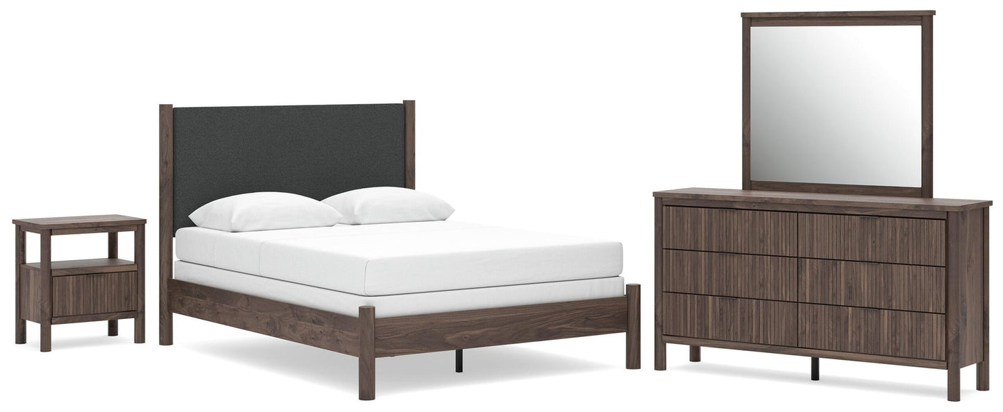 Pamytta  Upholstered Panel Bed, Dresser, Mirror And Nightstand