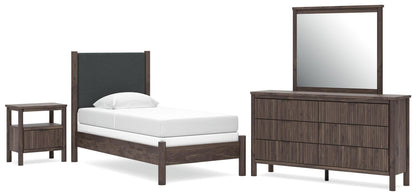 Pamytta  Upholstered Panel Bed, Dresser, Mirror, Chest And Nightstand