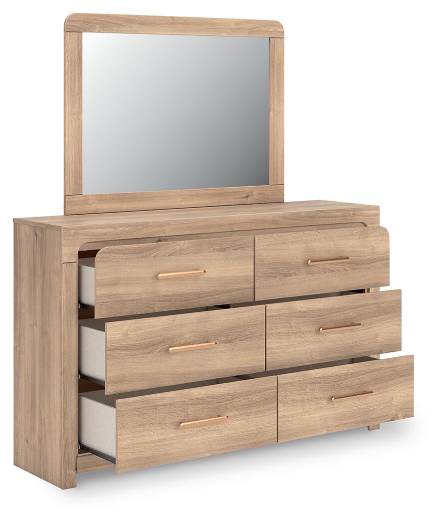 Kinlanni  Upholstered Panel Bed, Dresser, Mirror And Nightstand
