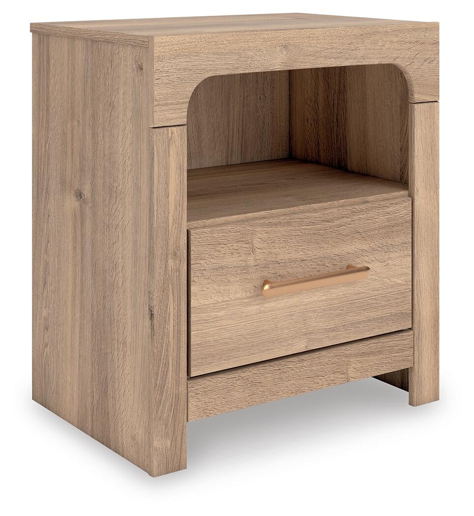 Kinlanni  Upholstered Panel Bed, Dresser, Mirror And Nightstand