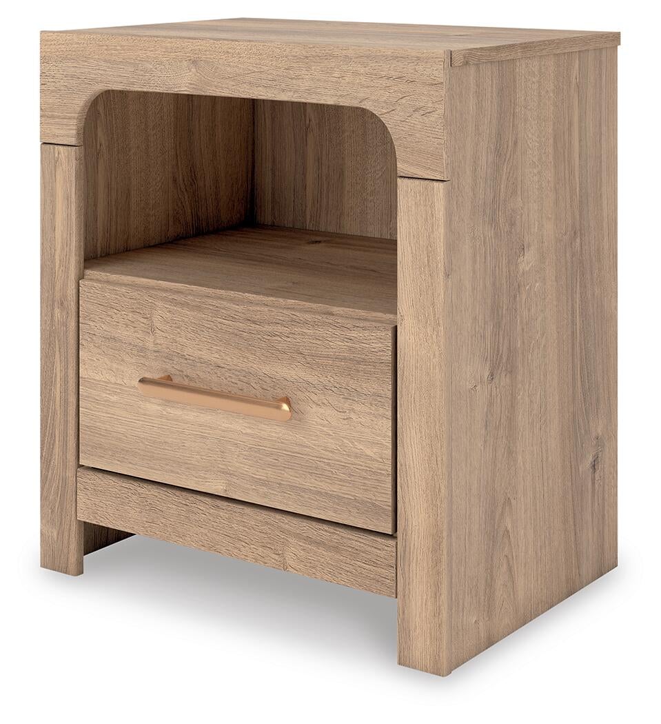 Kinlanni  Upholstered Panel Bed, Dresser, Mirror And Nightstand
