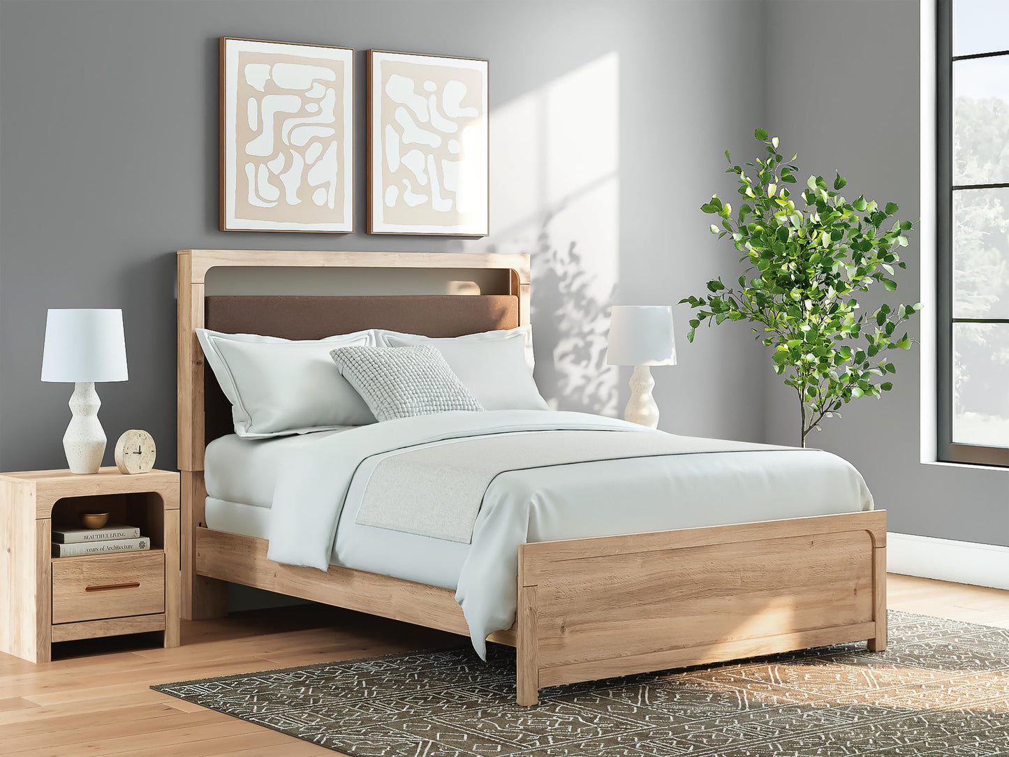 Kinlanni  Upholstered Panel Bed, Dresser, Mirror And Nightstand