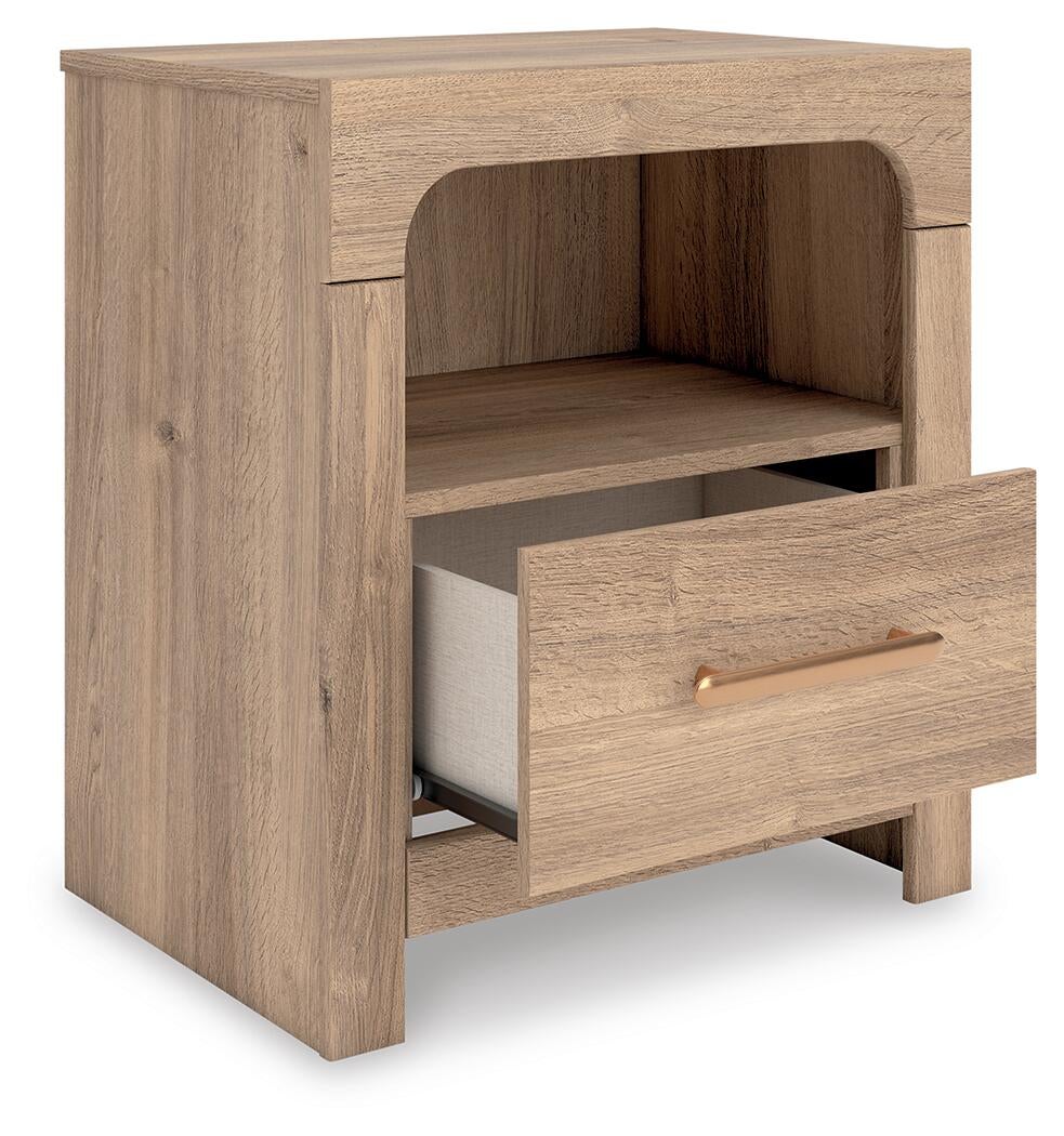 Kinlanni  Upholstered Panel Bed, Dresser, Mirror And Nightstand