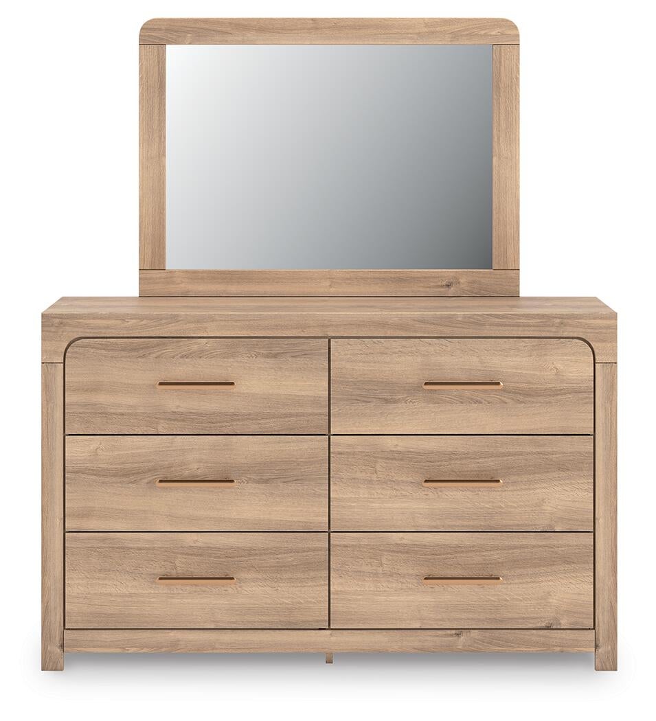 Kinlanni  Upholstered Panel Bed, Dresser And Mirror