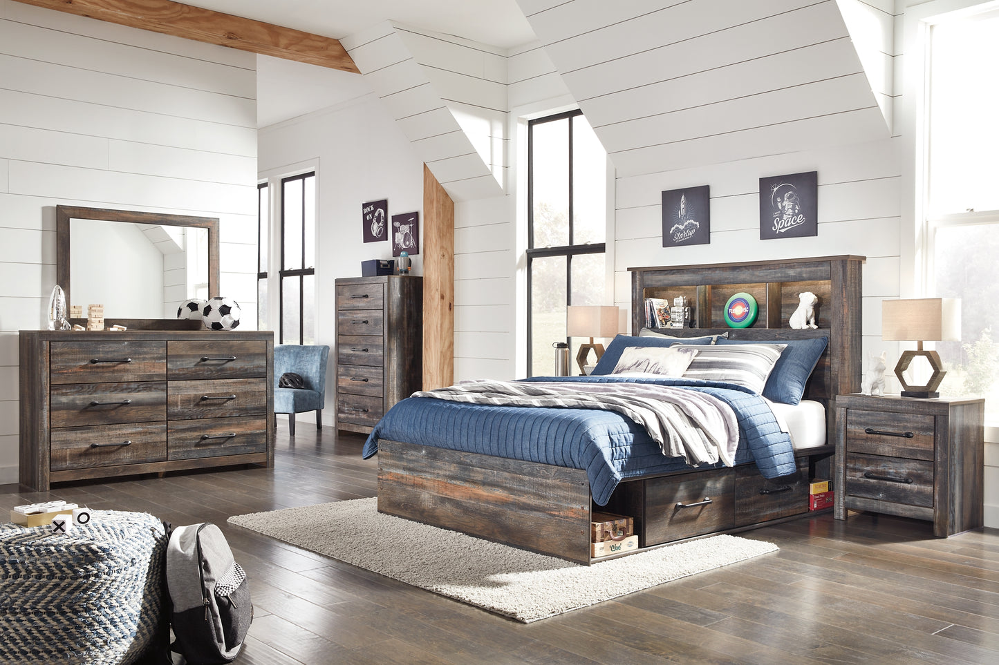 Drystan  Bookcase Bed With 2 Storage Drawers With Mirrored Dresser, Chest And Nightstand