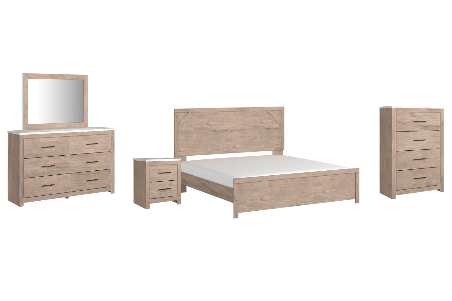 Senniberg  Panel Bed With Mirrored Dresser, Chest And Nightstand