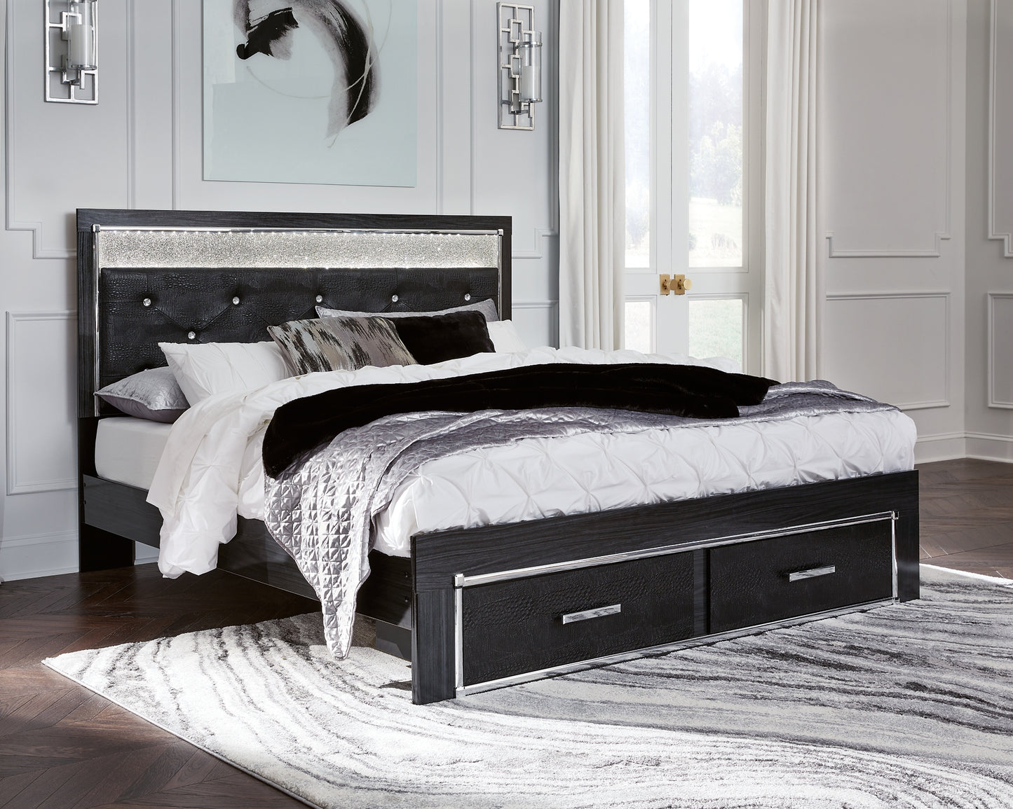 Kaydell  Upholstered Panel Storage Bed With Mirrored Dresser And 2 Nightstands