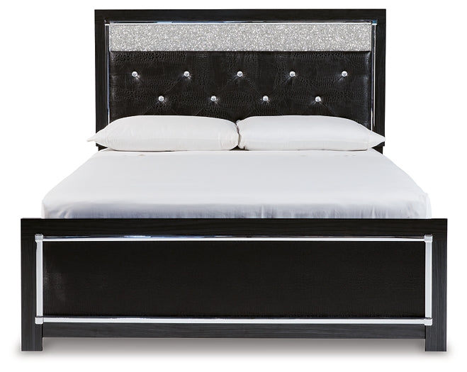 Kaydell  Upholstered Panel Bed With Mirrored Dresser And Chest