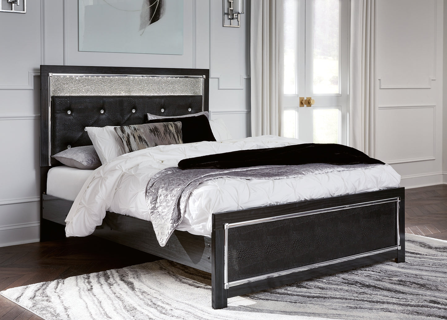 Kaydell  Upholstered Panel Bed With Mirrored Dresser And Chest